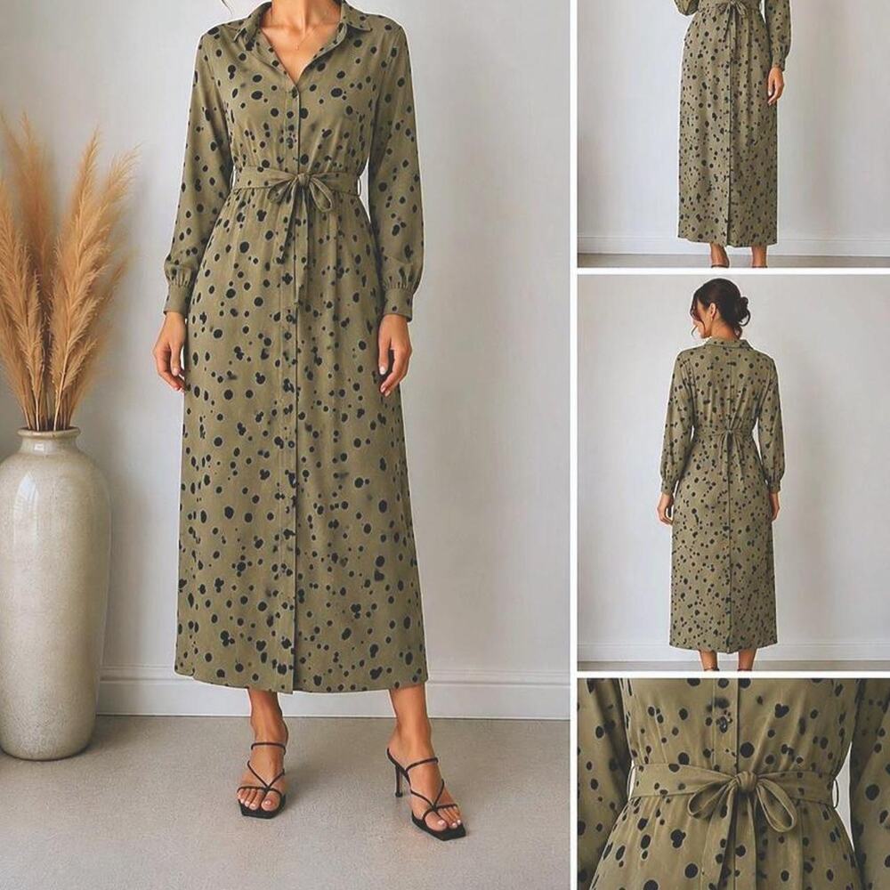 👗 AX Paris Women’s Polka Dot Maxi Shirt Dress Olive Black US Size 6 / UK 10 💚